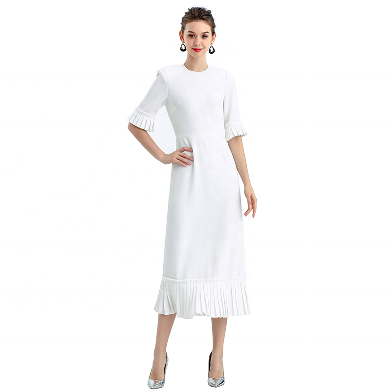 ND095 Summer Fall White Fashion Round Collar Half Sleeve Women Long Dresses