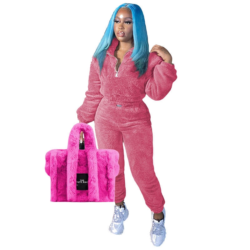 Purse and cloth set Women Two Piece Velour Tracksuit Women Jogger Set Sweater Legging sweatsuit Set fur the tote bag