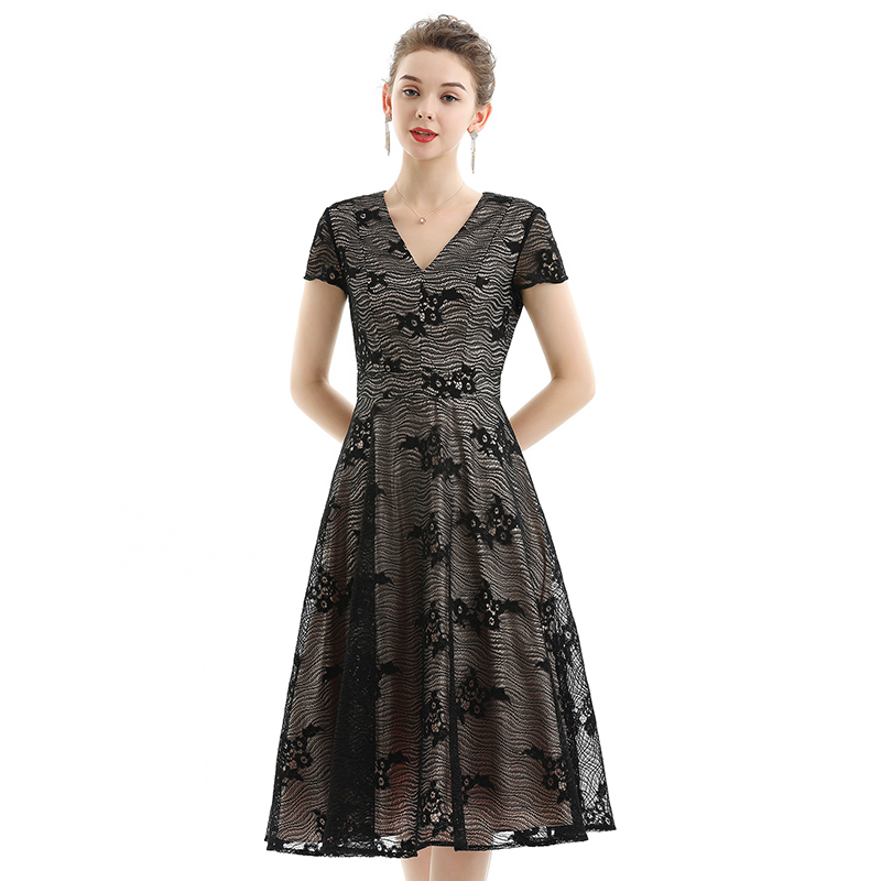 ND062 High Quality evening dresses luxury Elegant black lace Embroidered Women Casual Dress
