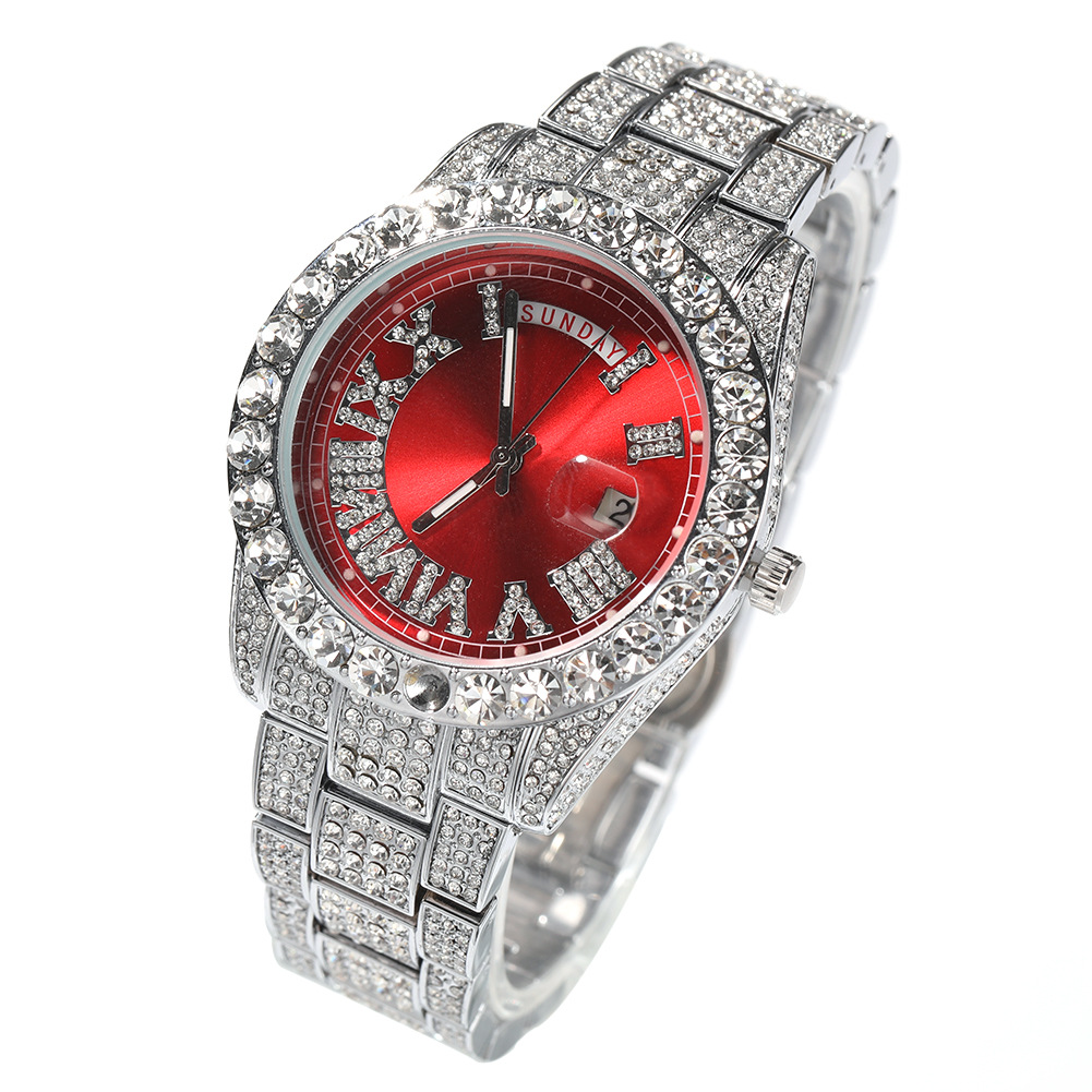 Hip Hop Fashion Quartz Watch Double Movement Large Round  Iced Out Bling Diamond Waterproof Calendar Men's Watch