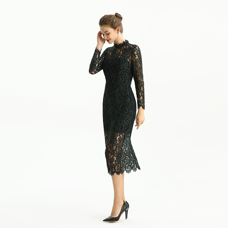 ND088  Fall  Elegant nipped waist long sleeve Lace  Women Dress