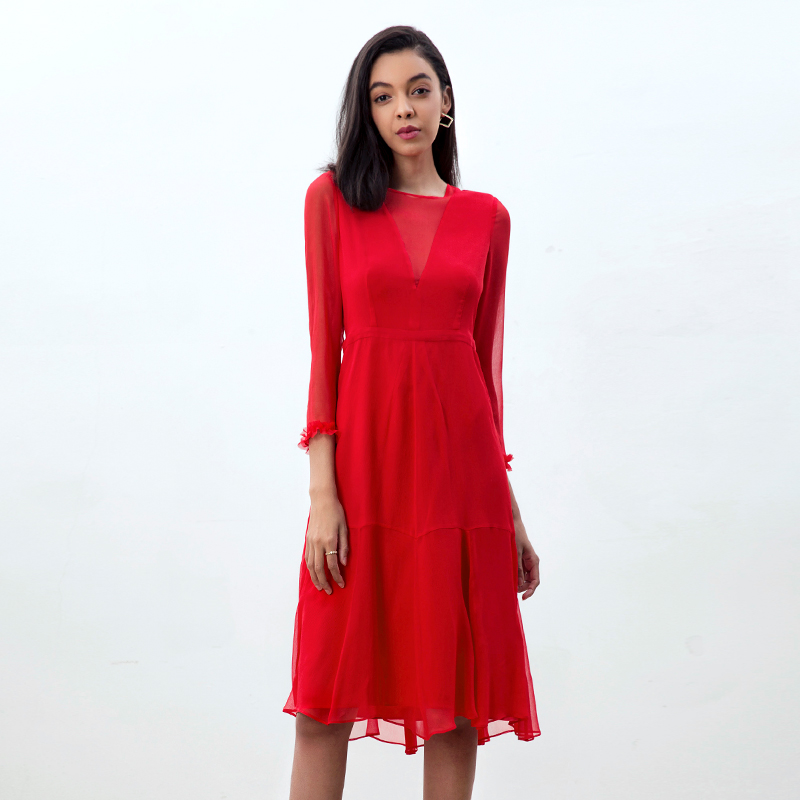 D270  long sleeve Flower Tulle Chiffon dress women clothing dresses