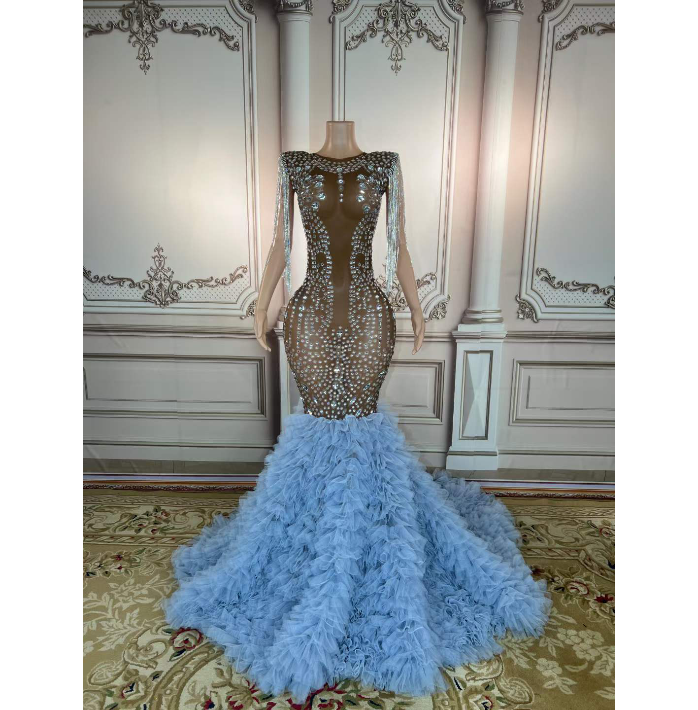 New In 2022 V Neck Mesh See Through Dress Heavy Beaded Diamond Tassel Tulle Ruffles Layered Dresses Floor Length Women Dress