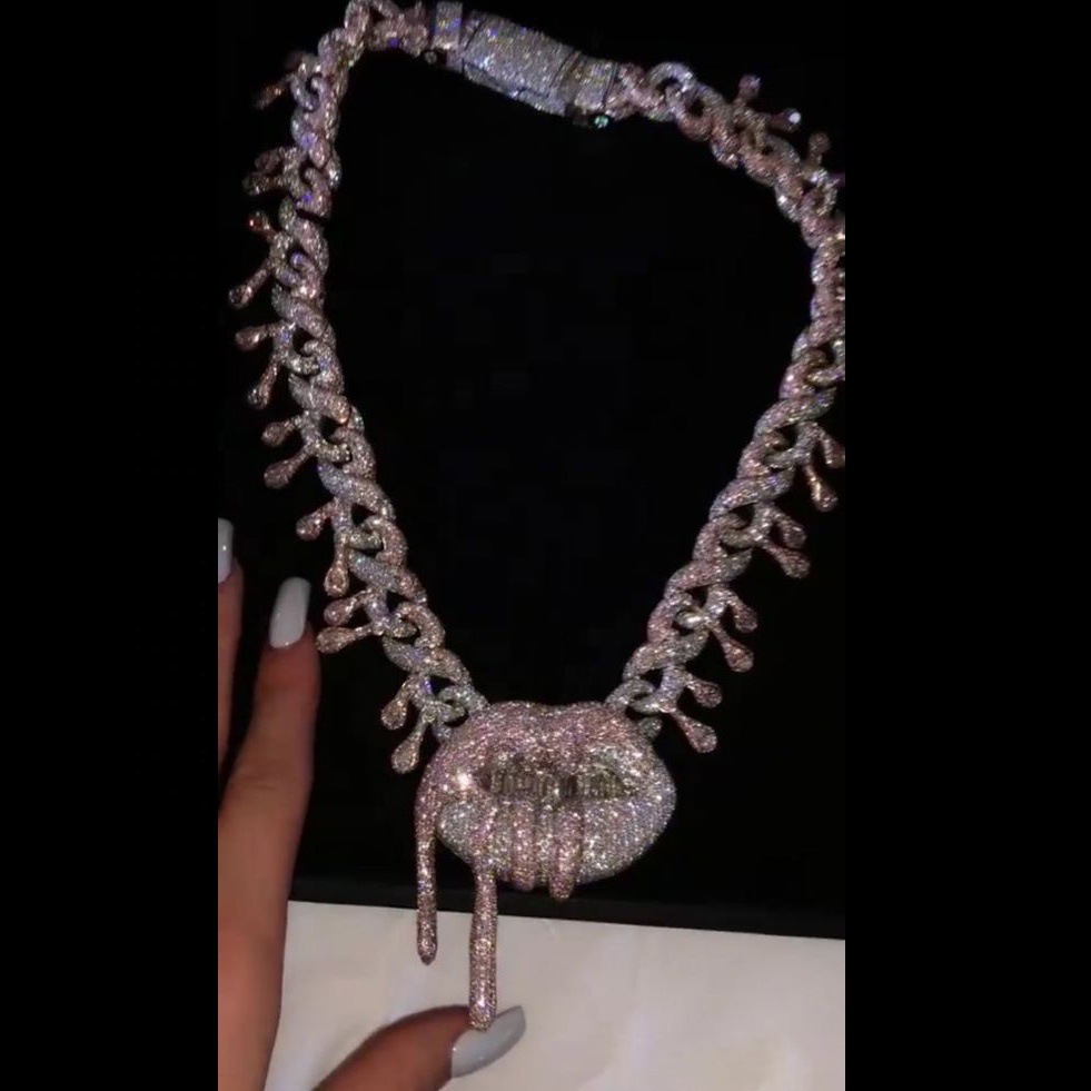 luxury iced out bling women hip hop rock jewelry cz Lip pendant tear drop infinity chain necklace