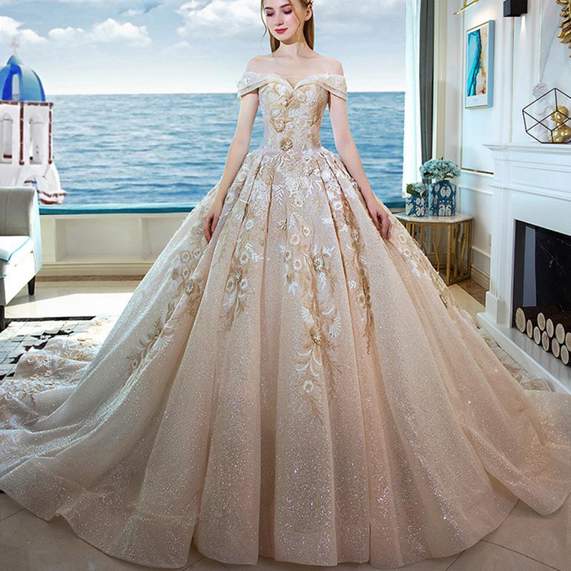 New Luxury High Quality Lace Trailing Bride Off-Shoulder Short-Sleeved Wedding Dresses