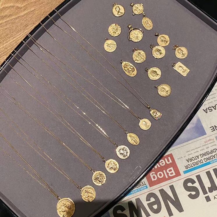 18K solid gold different types coin pendant real gold necklace coin choker necklace