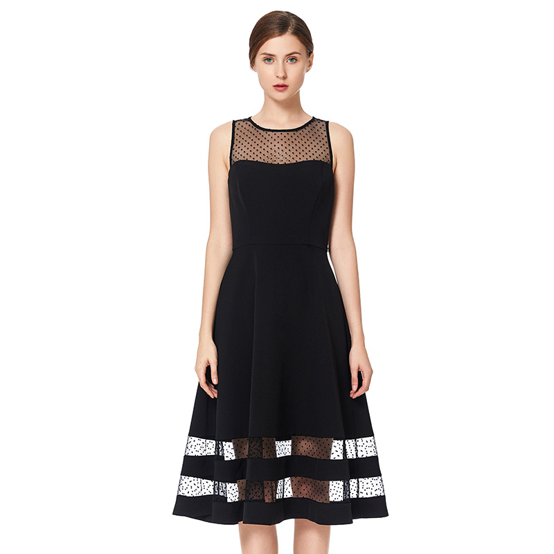 ND031 2023 ODM OEM Women solid sleeveless swiss dropshipping dot tulle-panel flared midi party birthday dress
