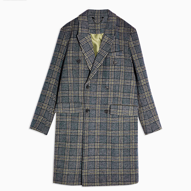 2020 Winter new lapels double-row buttons switch to flip pocket long checkered coat men.