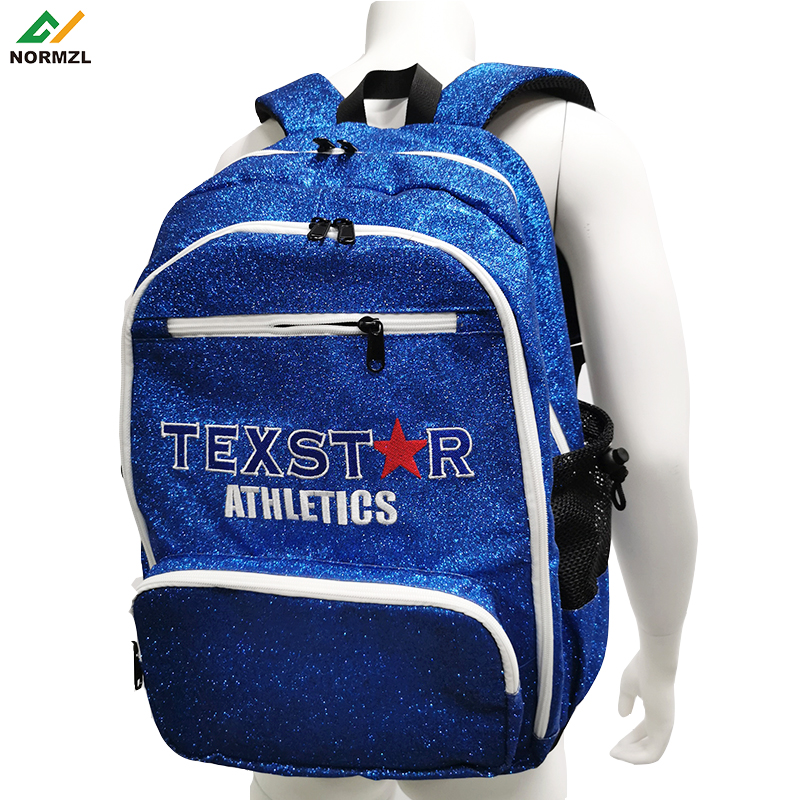 Normzl wholesale sparkle blue cheerleading backpack custom sublimated glitter backpacks cheer school bags for girl