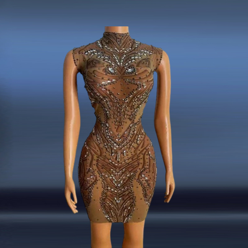 NOVANCE Y2034 Latest Dress Designs For Ladies Retro Style Brown Printed Rhinestone Frocks For Women Casual Dress High Quality