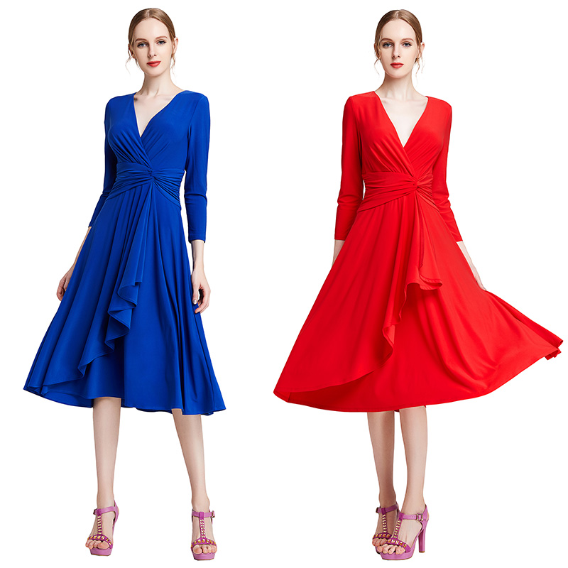 D010 Women Solid knit three-quarter sleeve mock wrap midi day casual dress