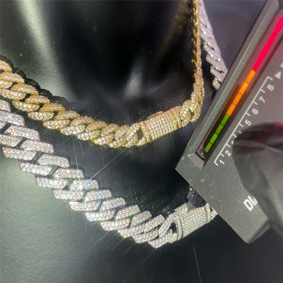 Pass Diamond Tester 14mm  Wide 2Rows 925 Solid Silver With GRA Moissanite diamond Cuban link chain for Rapper Hip Hop Necklace