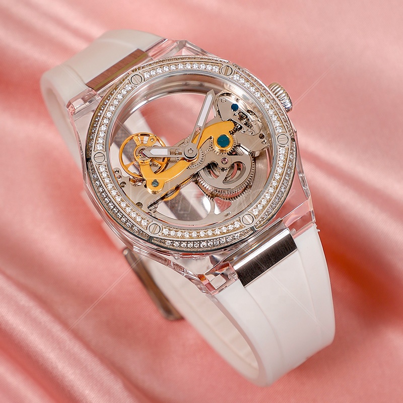 Hot Sale Bling Female Transparent Red Rubber Silicone Hand Square Wrist Luxury Automatic Mechanical Lady Watch Women