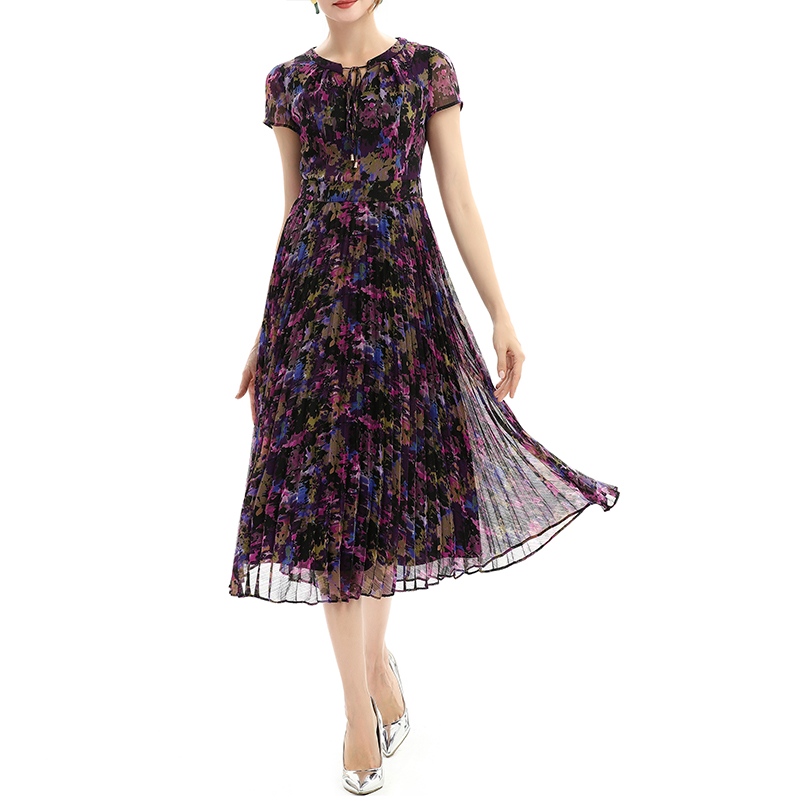 D028 2023 long dress women pleat flower print elegant short sleeves long pleated dress women