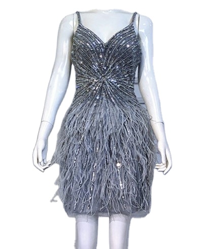 stylish women feather tassel with diamond dress elegant women banquet night club party dress