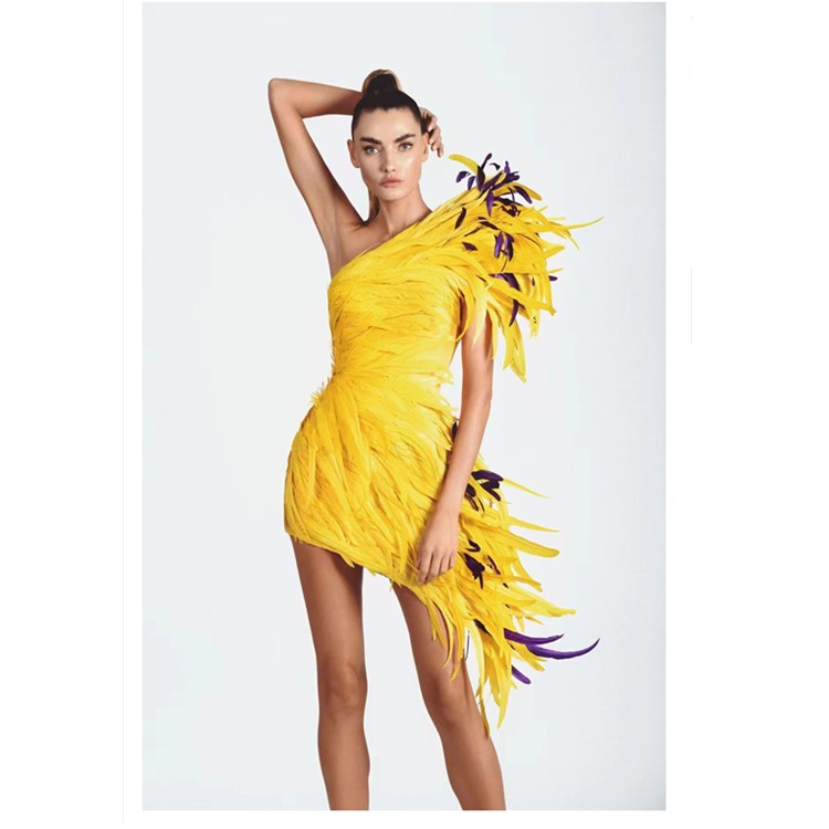 Top Quality Women Celebrity Mini Party Feathers Bodycon Prom Dresses