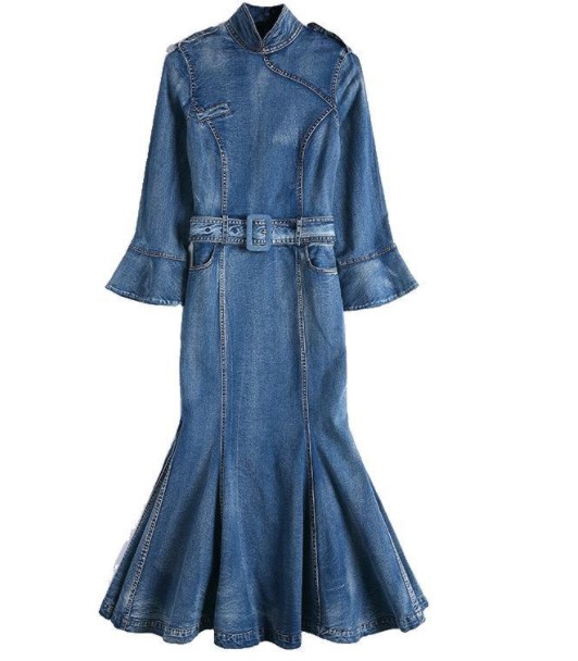 women Autumn long sleeve street retro slimming denim dress belted knee-length fishtail bodycon casual dress