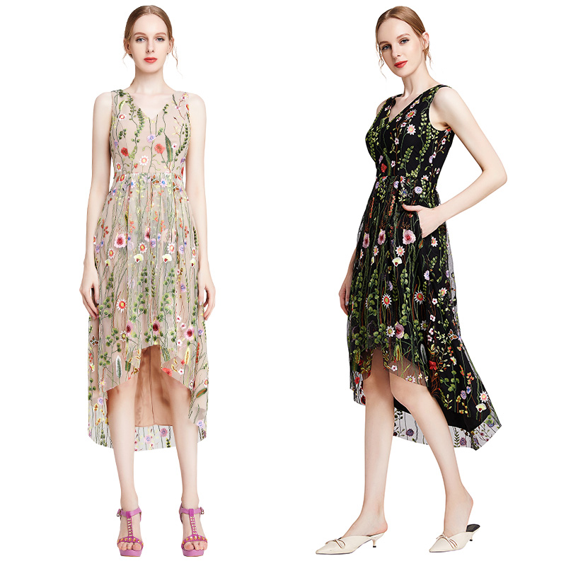 ND006 Women v-neck sleeveless Embroidery Tulle Irregular casual elegant women dress evening dresses