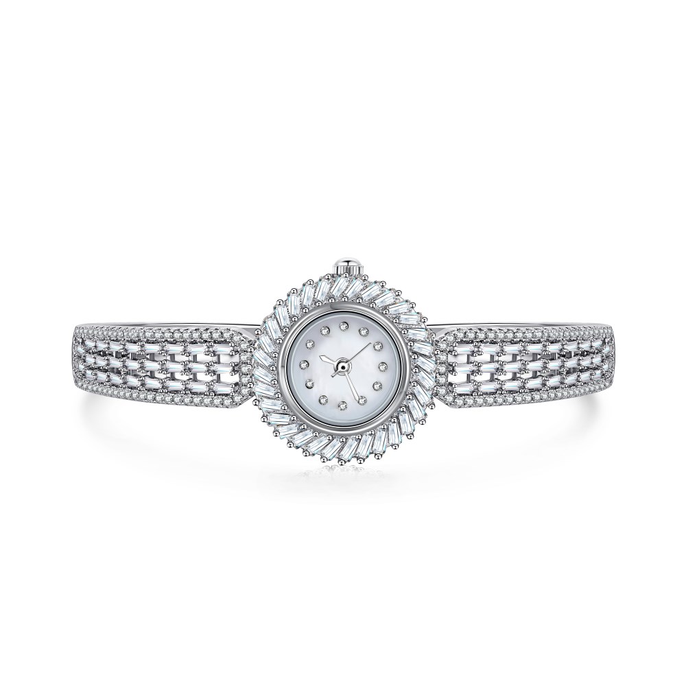 Dylam Rhodium Plated Iced Out Bling Diamond Bracelet Crystal Watch Sets Silver Full Rhinestone Crystal Watch Bracelet