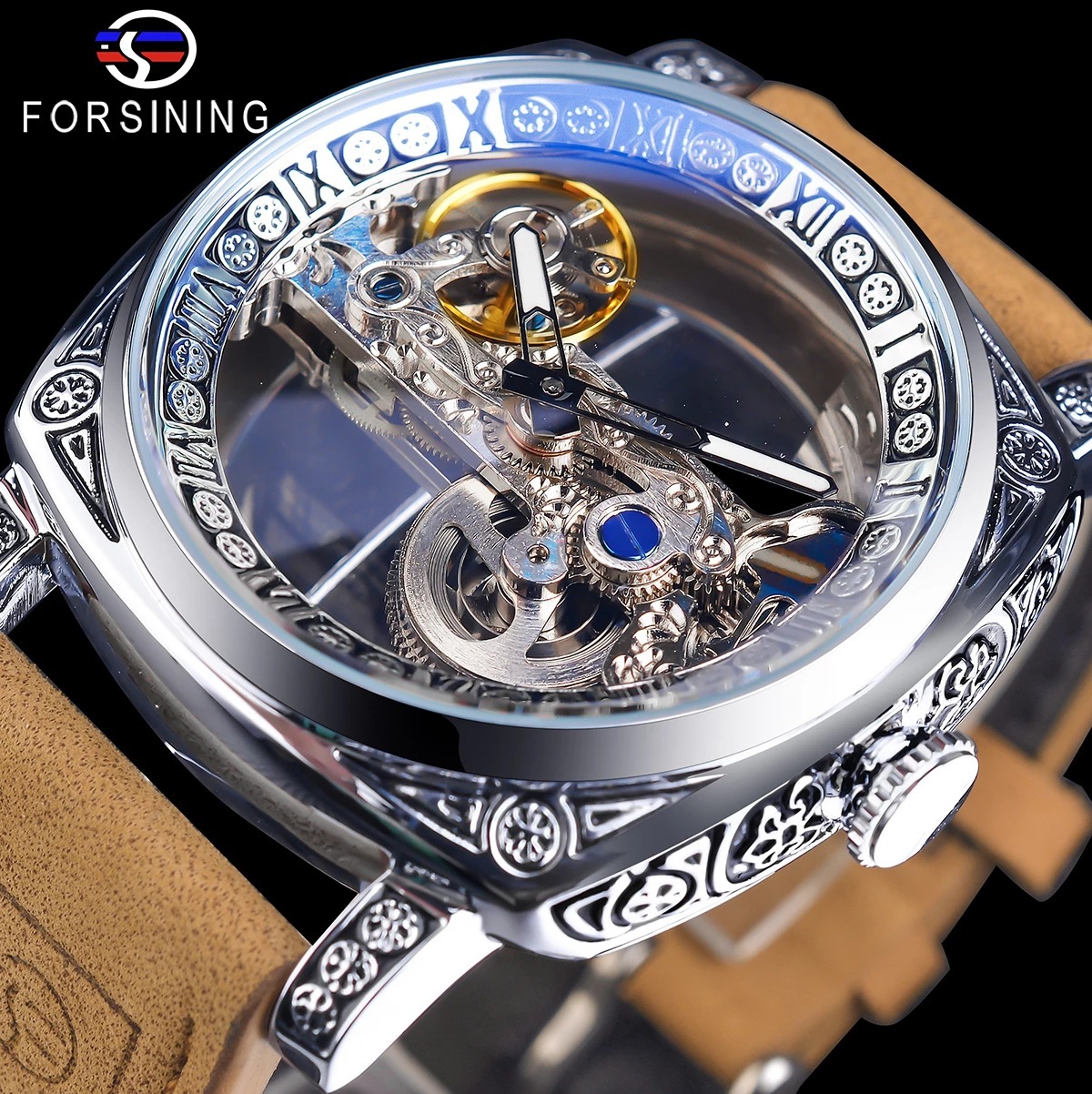 FORSINING GMT1235 Automatic Self-Wind Men's Skeleton Watch Waterproof Mechanical Wrist Watch Automatic Clock Luxury Retro Reloj