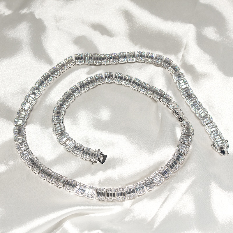 Iced out baguette round cut moissanite cuban link chain VVS diamond tennis chain necklace