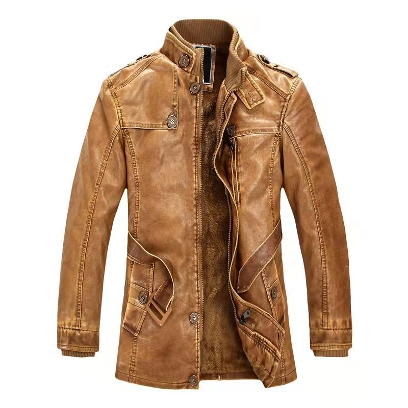 Trendy men's stand-up collar oversize thick PU leather jacket European and American men's leather jacket