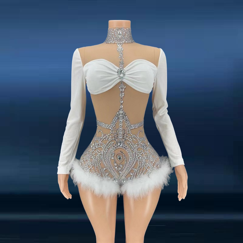 Diamond   Dress  Beaded Mesh SatinWomen Luxury Ivory Elegant Dress Party Feather Gown Dress