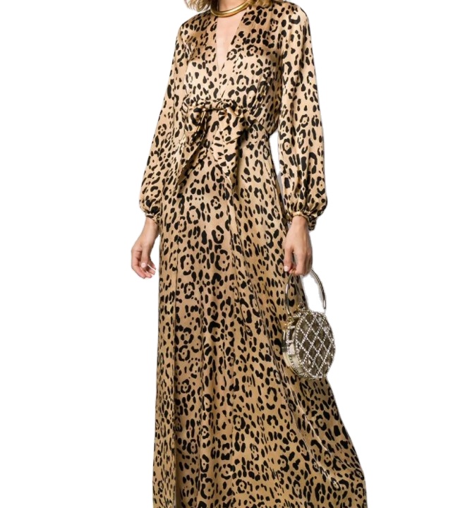 2022 new stylish leopard printed long sleeve silk dress women elegant leopard evening social wear dress
