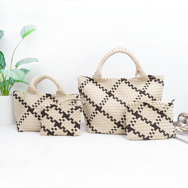 New Arrival Neoprene Fabric Woven Tote Bag Large Neoprene Beach Bag Purse Weave Handbag With Neoprene Small Pouch