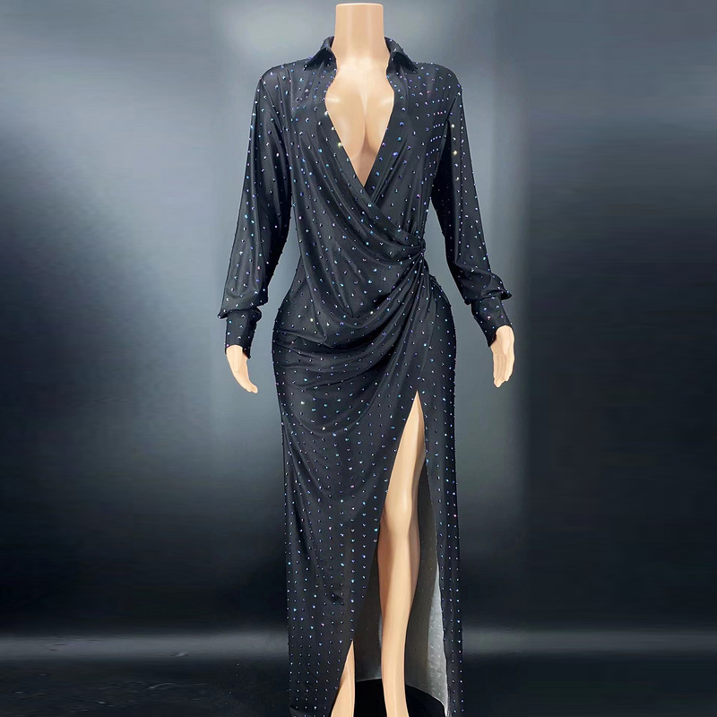 NOVANCE Y2322 Dropship Shop Bright Diamond Embellished Low Cut High Slit Casual Dresses Black Long Folds Shirt Dress