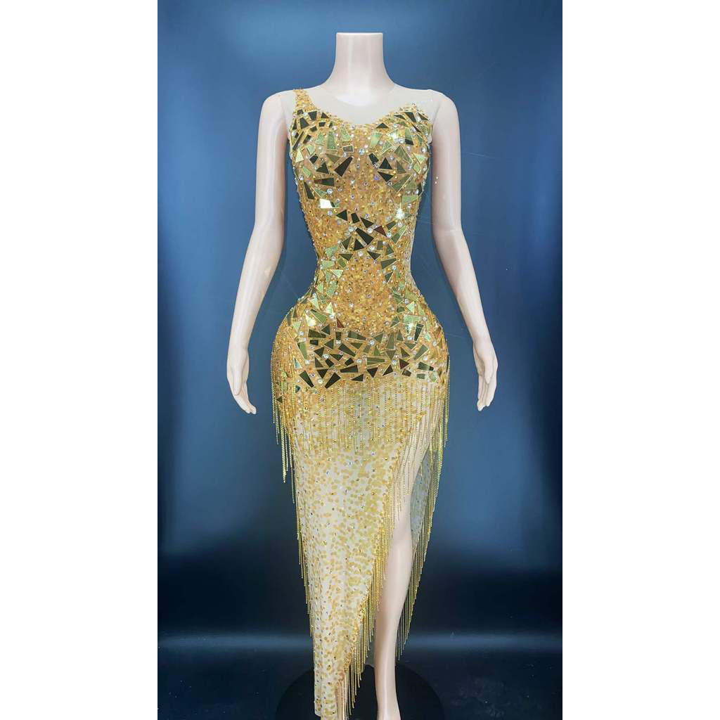 Spring Bodycon Elegant Mirror Dress Sleeveless Slit Fringe Side Dress Maxi Luxury Rhinestone Ladies Club Dresses