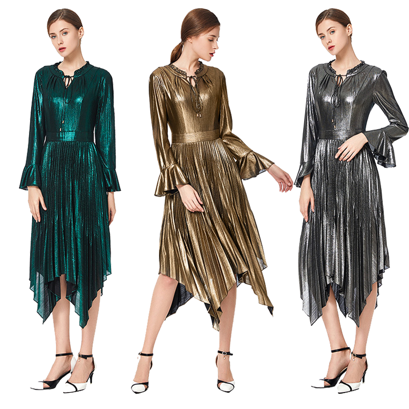 D042 wholesale women clothing pleated dress Flare Irregular Pleat Ruffle collar midi office casual dresses for women