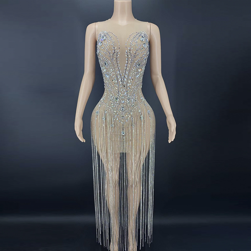 Ad1185  High Quality Women Clothing Luxury Evening Crystal Beading Ladies Party Wear Gown Tassel Prom Dress