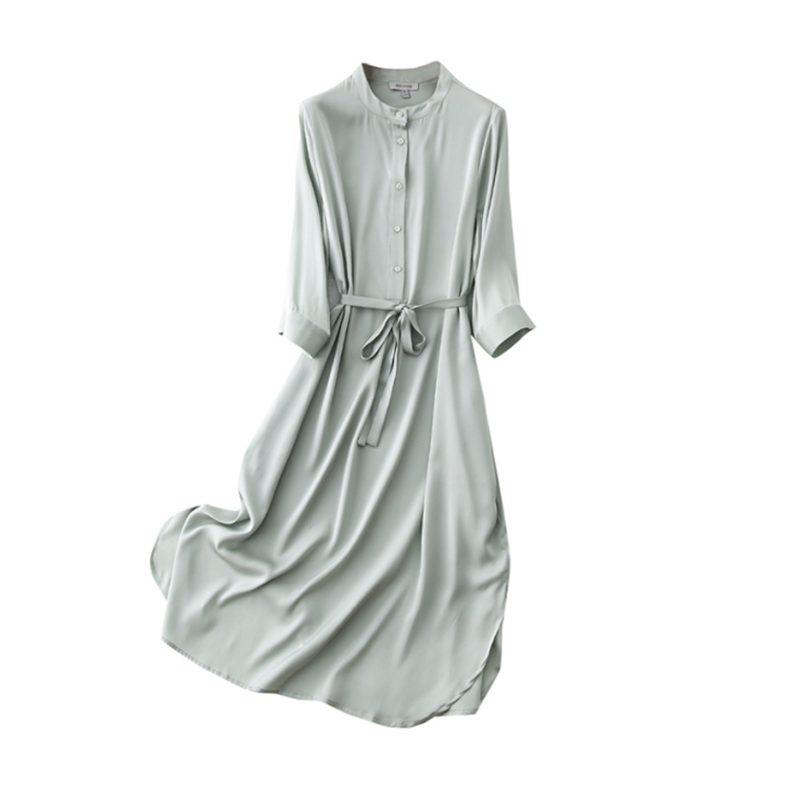 Summer satin silk dress women round neck pure color waist slim long temperament shirt skirt