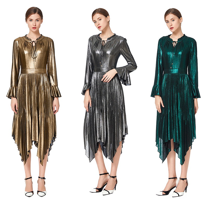 ND042 Summer Fall High Quality Fashion Elegant Flare Long Sleeve Pleat Girls Women Office  Evening Casual Dress