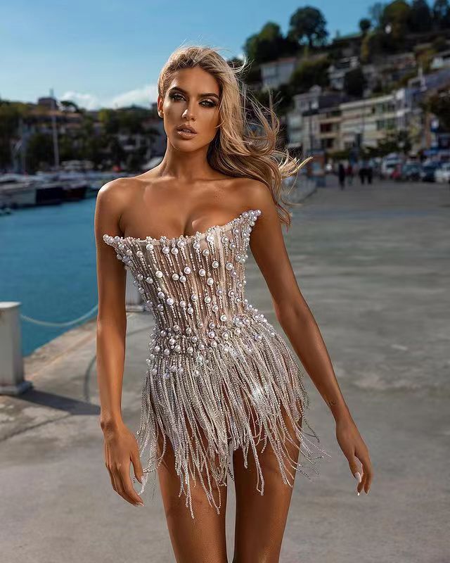 ED2194 Kimshein Sexy Ladies Off Shoulder Beading Sequin Tassel Glitter Outfits Mini Evening Party Dance Dress