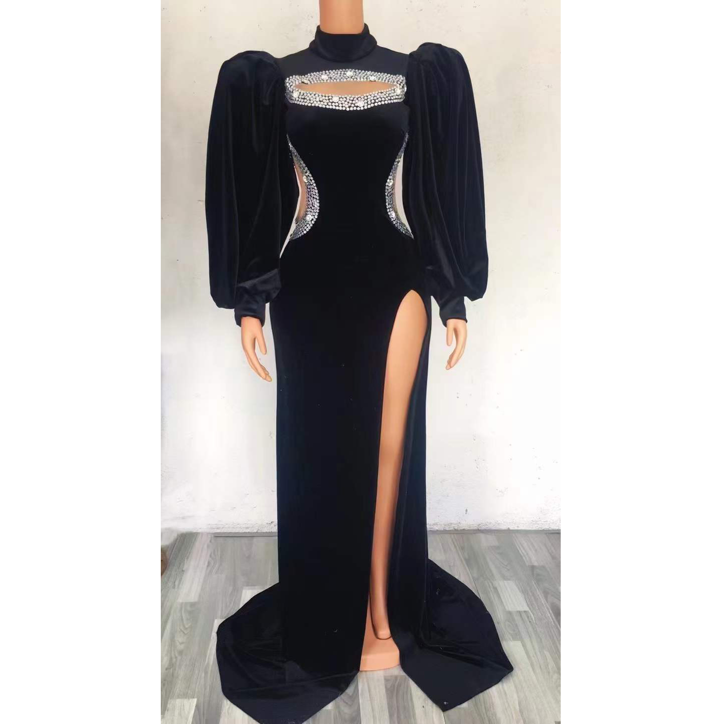 Latest Turtleneck Elegant Evening Dresses Black Long Puff Sleeve Rhinestone Cut Out High Slit Floor Length Womens Dresses