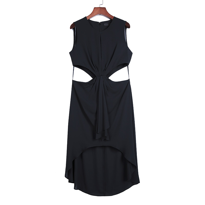 N2A56 Women Solid round neck front draped design cut-out waist asymmetric hem day dress