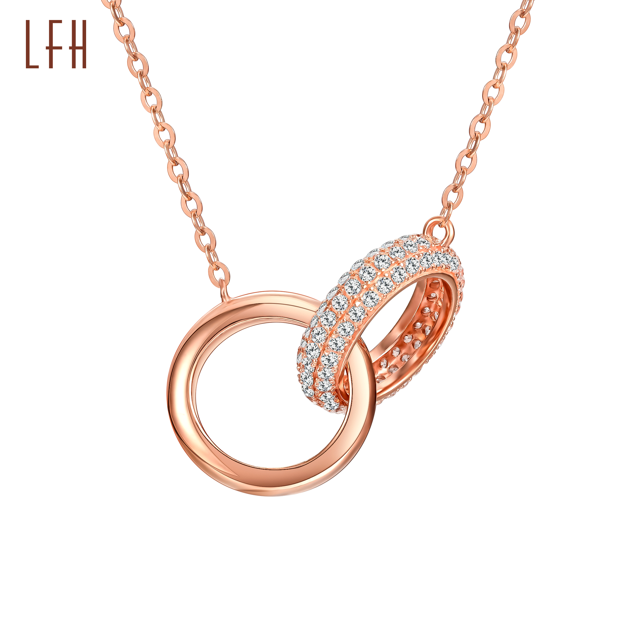 Fashion 18k Jewelry real with diamond Cubic Zircon Personality Necklace Double Ring Clavicle Chain 18k rose gold Circle necklace