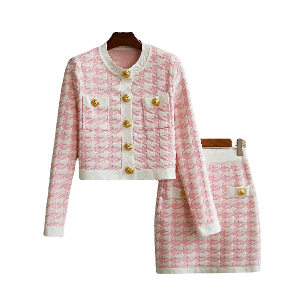 2023 new arrivals dropshipping hot fashion and elegant women ladies two pieces knitting needles set(skirt+cardigan)