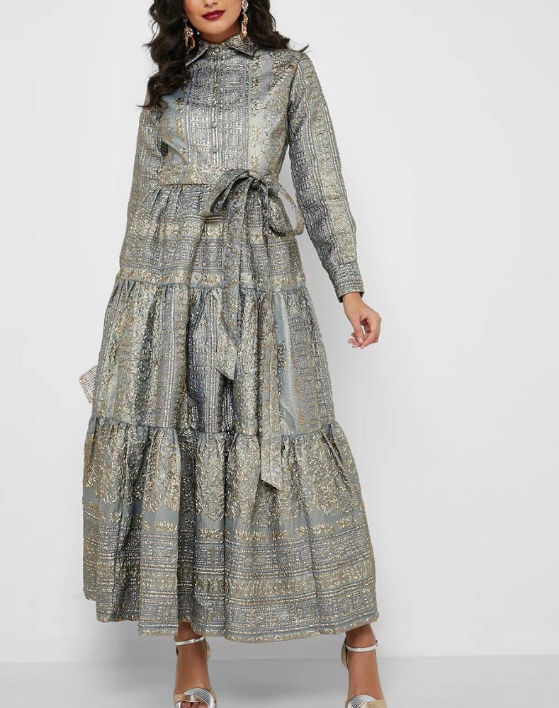 2023 Summer New Arrival Multicolor Women Tiered Belted Jacquard Dress