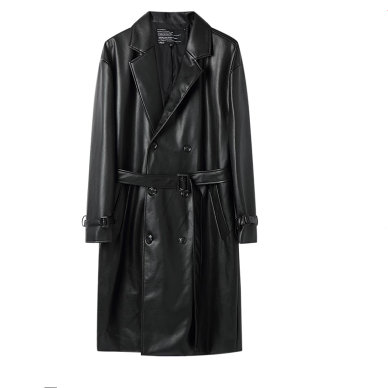 csutom men leather long black hip hop double breasted trench coat