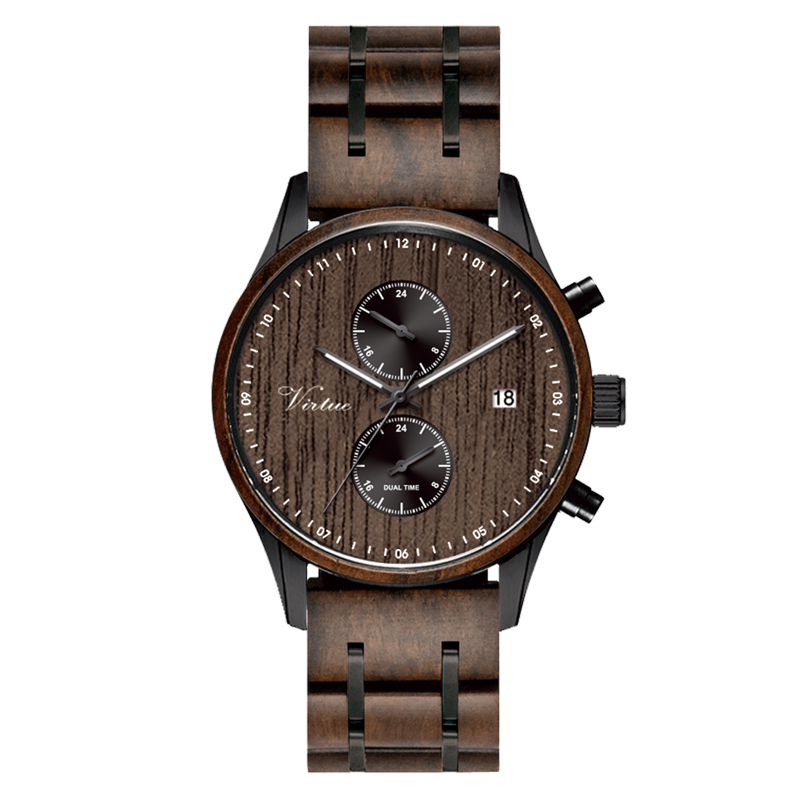 2020 New Design Luxury Wooden Watches Dual Time Men Wrist Custom Logo  Low MOQ Chronograph Quartz Stainless Steel Wood Watch