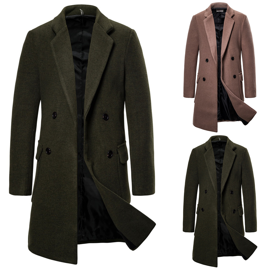 Wholesale custom wool trench coat men double breasted overcoat fashion solid color long wool trench coat