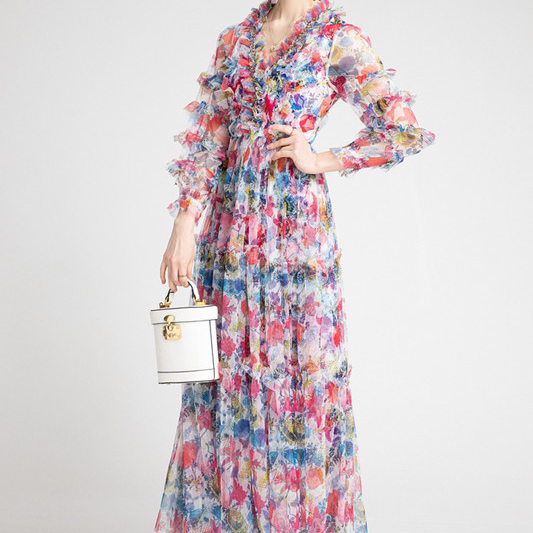 France Luxury Casual Female Long Sleeves Hand Beaded V Neck Ruffles Mesh Ball Gowns Occident Floral Maxi Party Dresses Plus Size