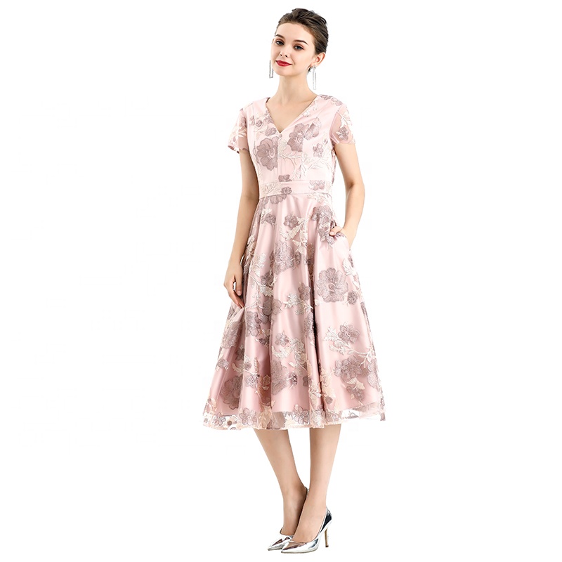 ND063-2 Fashion Embroidered Mesh  casual evening dresses women