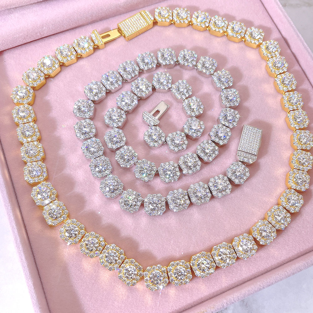 Pass Test  Iced Out White D Moissanite Chain Charms Choker Necklace Men Women 925 Sterling Silver Diamond Link