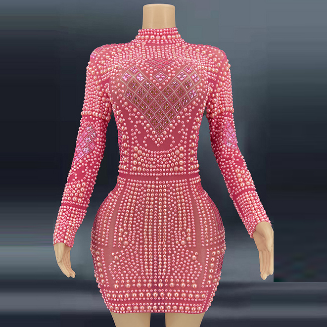 NOVANCE Y2402  New 2022 Long Sleeve Pearl Rhinestone Applique Heart Mini Crystal Dress Pink Dress Sexy Date Birthday Party