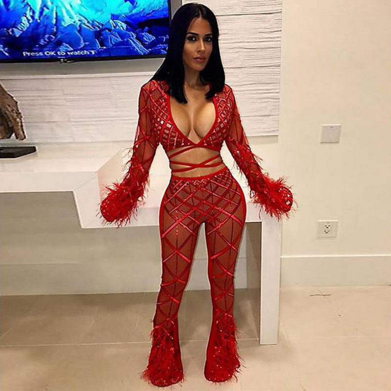 Red sexy bandage long tops bell-bottoms two piece pants set