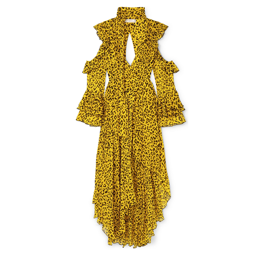 Ruffled Yellow Leopard Print  Long sleeves asymmetric Wrap Silk Maxi Dress sexy women spring dresses YLDR551D